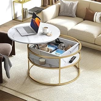 YITAHOME Round Lift Top Coffee Table, Coffee Tables for Living Room with Hidden Storage Compartment, Modern Circle Coffee Table for Home Office, Round Center Tables Living Room, Marble and Gold