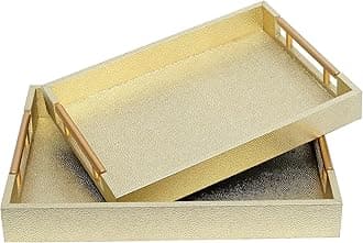 SwallowLiving Set of 2 Shagreen Serving Tray with Gold Polished Metal Handles Gold Decorative Wood Tray PU Leather with Brushed Gold for Coffee Table Ottoman Console Table Decor