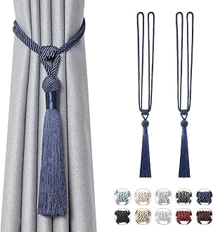 Pretty Jolly 2 Pack Long Tassel Curtain Tiebacks Handmade Braided Rope Knot Drape Tie Backs European Style Decorative Curtain Holdbacks for Home & Office Window Drapery (Dark Blue)