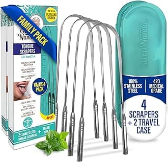 GuruNanda Stainless Steel Tongue Scraper, U-Shaped Ergonomic Design, Fights Bad Breath, Great for Oral Hygiene, Medical Grade 100% Stainless Steel, Tongue Cleaner with Case for Adults & Kids-Pack of 4
