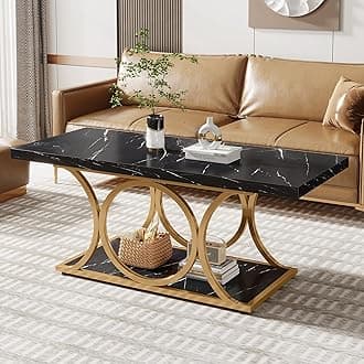 Rectangle Coffee Table, 47.24-inch Modern Coffee Tables for Living Room, 2-Tier Faux Marble Wood Coffee Table with Geometric Metal Legs, Furniture with Storage Shelf (Black & Gold)