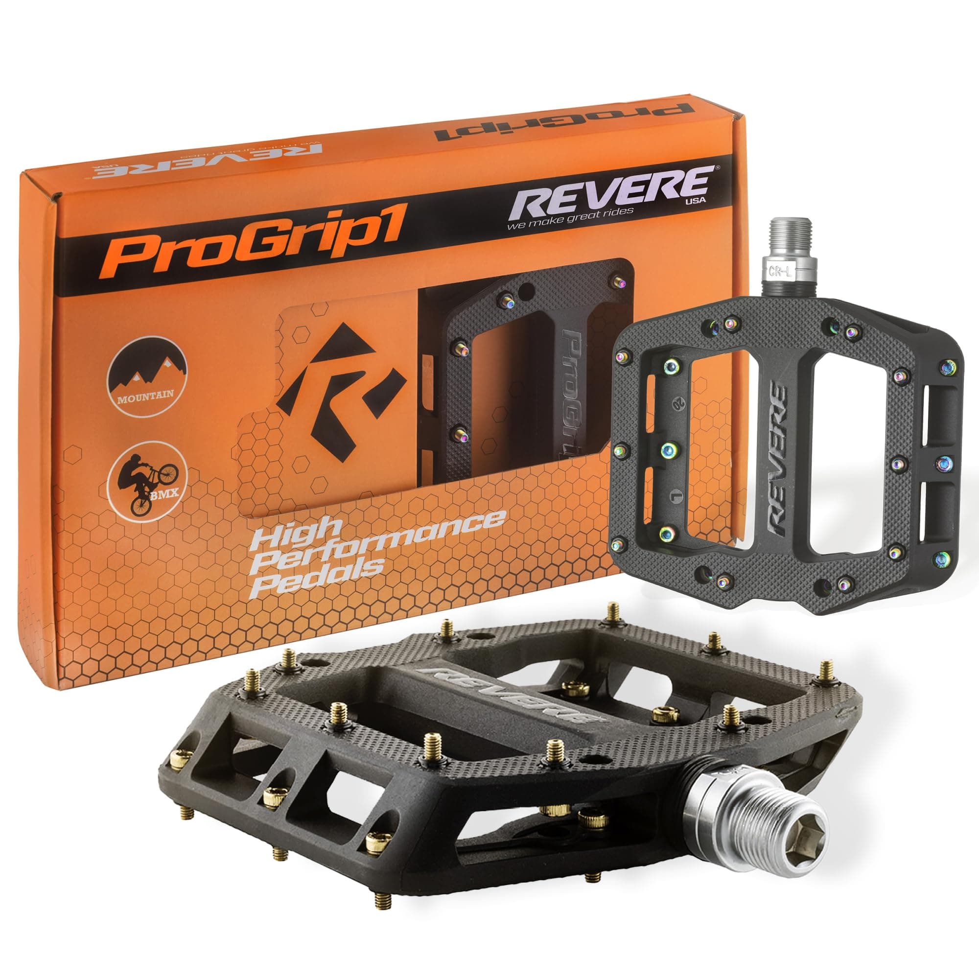 Revere Pro Grip MTB Mountain/Gravel Bike Pedals, Ultra Smooth Bearings, Non-Slip Indestructible Lightweight Nylon Composite Bicycle Platform Pedals 9/16" Spindle, Replaceable Oil Slick or Gold Pins