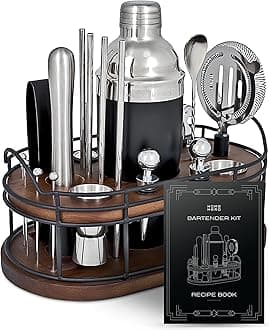 Home Hero Bartender Kit - 22-Piece Cocktail Shaker & Bar Tool Set - Wooden Stand Display & Bar Cart Accessories - Recipe Book & Housewarming Gifts - 22-Pc, Silver
