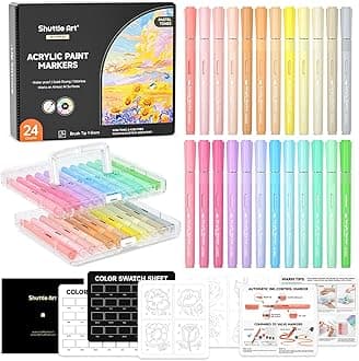 Shuttle Art Acrylic Markers 24-Color Set Direct-Fill Pastel Color Brush Tip Pens Water-Based Paint Markers Metallic Colors Waterproof Quick-Drying Resistant to Water and Light Acrylic Paint Can be