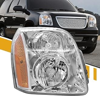 Headlight Assembly Compatible with 2007-2014 GMC Yukon/Yukon XL 1500 2500 [Denali Style], OE-Style Head Lamp Replaces OE#15861026 20969895, Chrome+Amber, Right Passenger Side