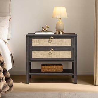 Night Stand with Drawers and Storage Shelf - Large Nightstands Rattan Decor Boho Bedside Table Narrow Side Table for Bedroom, Small Space