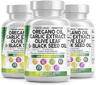 Clean Nutraceuticals Oregano Oil Garlic Extract Olive Leaf Black Seed Oil - Immune Support & Digestive Health Supplement for Women and Men with Vitamin D3 & Zinc - 3Pack