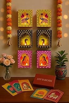 Paper Deep Dwar (Pack of 6) with LED Candles | Jharokha Style Home Décor Item, Ganpati Diwali Decor, Pooja/VAR Laxmi Decoration | Wall Decor, Stairs Decoration, Easy DIY Craft, Assorted