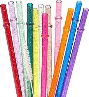 Dakoufish 11 Inch Reusable Tritan Plastic Straws,Replacement Glitter Sparkle Drinking Straws for 24 oz-40 oz Mason Jars/Tumblers,Set of 12 with Cleaning Brush(12color,11inch)
