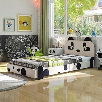 Costzon Twin Bed Frames for Kids, Metal Upholstered Twin Bed Platform with Slat Support, Padded Headboard&Footboard, No Box Spring Needed, Easy Assembly, Fits Standard Twin Mattress (Cute Panda)