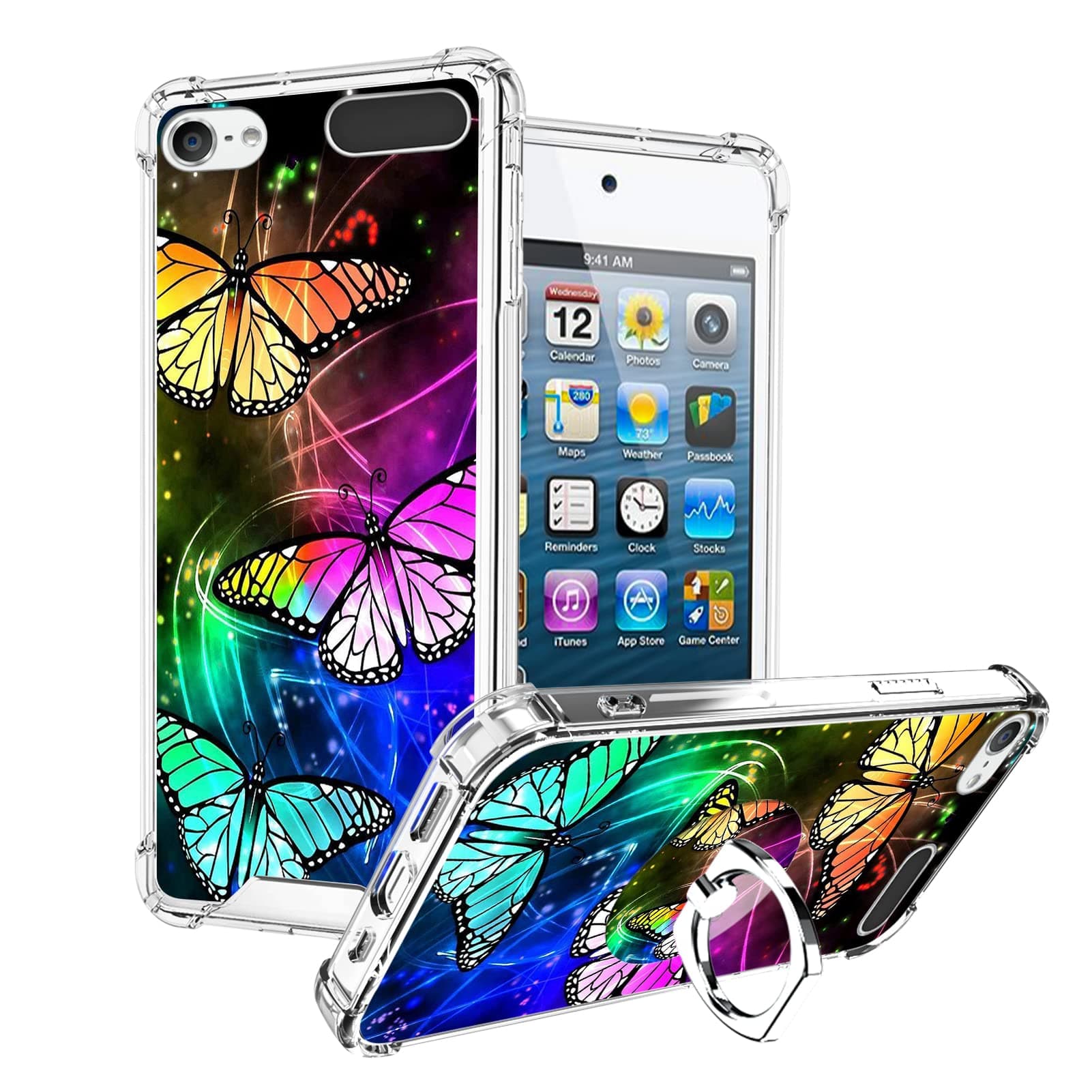 OOK Compatible with iPod Touch5/6/7 Generation Case Ring Holder for Girls Woman,Soft TPU Bumper PC Back Shockproof Protective Case-Color Butterfly