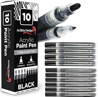 ArtShip Design 10 Black Acrylic Paint Pens, Double Pack of Both Extra Fine and Medium Tip Paint Markers, for Rock Painting, Mug, Ceramic, Glass, and Fabric Painting, Water Based Non-Toxic and No Odor