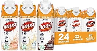 BOOST Very High Calorie Nutritional Drink – Helps Weight Gain & Maintenance -530 Calories -26 Vitamins & Minerals - 22 g Protein - Variety Pack - Vanilla, Chocolate & Strawberry - 8 fl oz (Pack of 24)