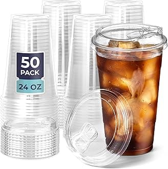 Fit Meal Prep 50 Pack 24 oz Clear Plastic Cups with Strawless Sip Lids, Disposable Plastic Coffee Cups with Lids, To Go Cups for Iced Coffee, Smoothies, Soda, Party Drinks, Bubble Tea, Cold Beverage
