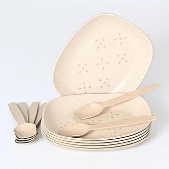 Eha Earth-Friendly Small Snack Serving Plates Set of 6 with Spoons | 6 inch | Small Snack Plates Made with Bamboo Fibers & Rice Husk Fiber | Microwave Safe | Dessert Plates | Sand Castle