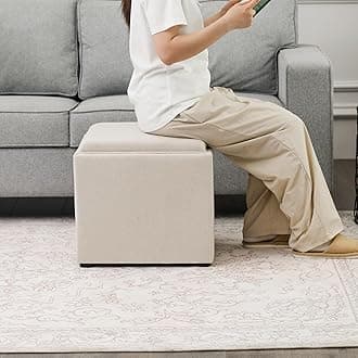 Adeco 17" Beige Square Storage Ottoman with Tray, Modern Cube Ottoman Coffee Table for Dorm, Bedroom (Beige with Tray)