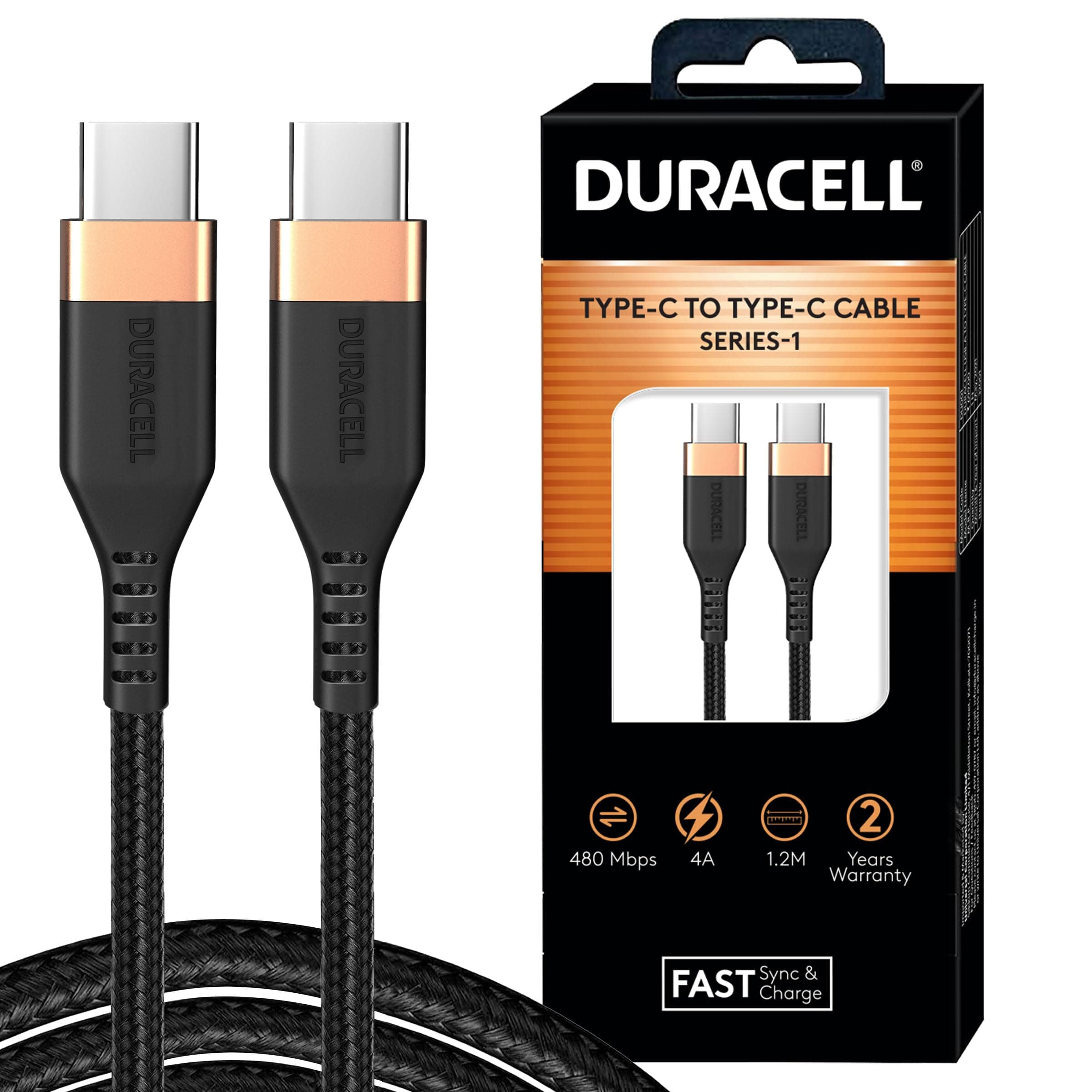 Duracell Usb Type C To Type C USB Cable 4A(60W) Braided Sync& Charging Cable,Compatible With Mobile,Laptop,Tablets&Macbook,3.9 Feet(1.2M) Supports Power Delivery(Pd) With Rapid Data Transmission,Black