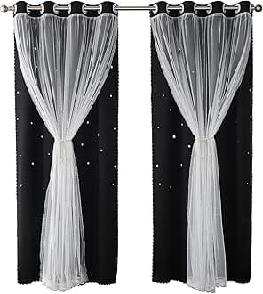 Cute Blackout Curtains for Girls Bedroom - Black Aesthetic Star Cutout Double Layer with Sheer Overlay, 72 Inch Length 1 Panel Teens Kids Room Curtain Nursery Decor Drapes