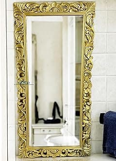 Rectangular Wooden Mirror Frame for Wall Decoration | Wall Mount Frame for Bedroom & Living Room | Solid Mango Wood | Antique Gold Finish | 4 x 2.5 Feet | Mirror Not Included