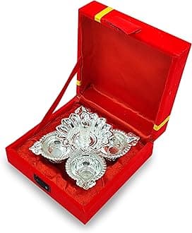 German Silver Diya Oil Lamp with Red Velvet Box Silver Plated Panchmukhi Dia Pooja Items Home Decoration Puja Gifts Handmade Diwali Gift Traditional Indian Dhanteras Deepawali Upahaar