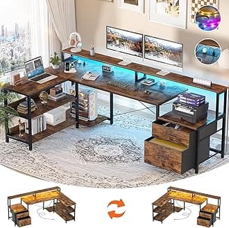 L Shaped Desk with File Drawer, 72.8" Reversible L Shaped Computer Desk with Power Outlet & LED Strip, Gaming Desks with Monitor Stand, Corner Office Desks with Storage Shelf, Rustic Brown