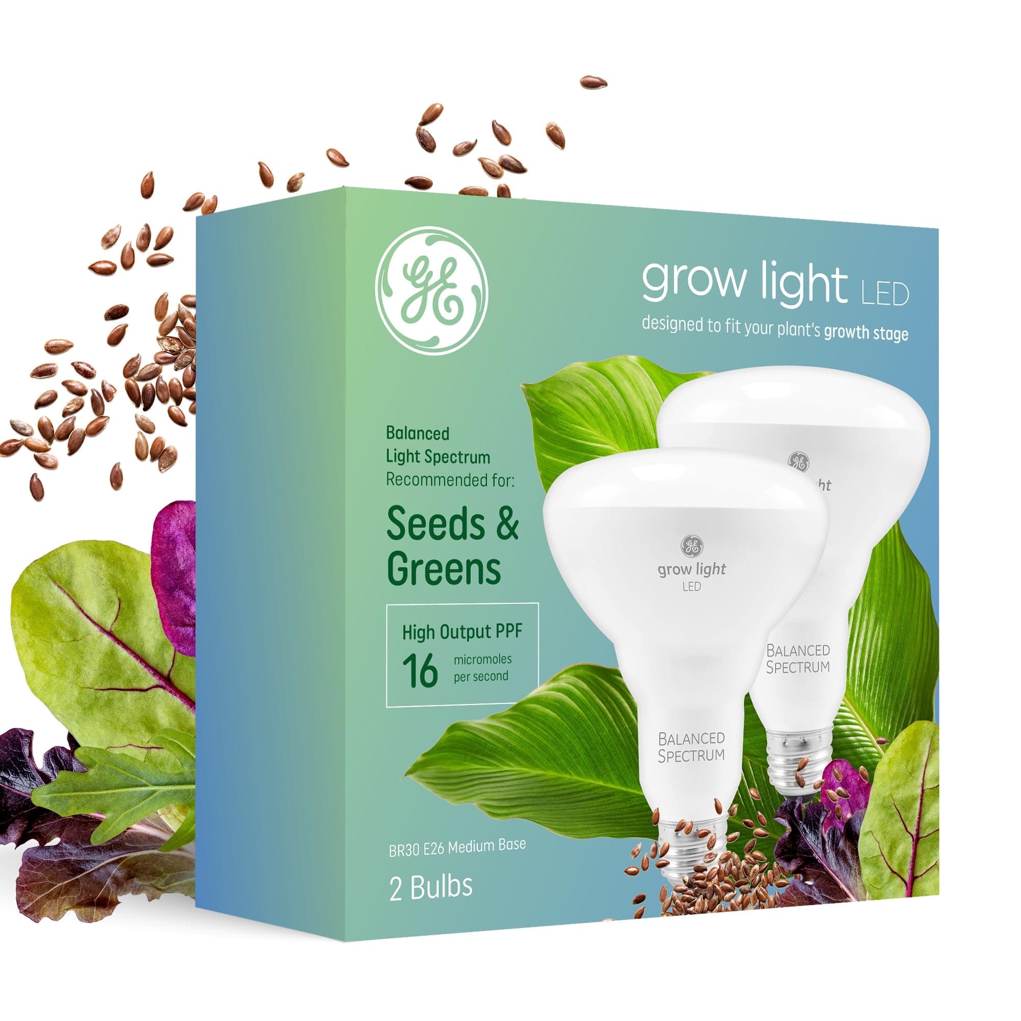 Grow Lights for Indoor Plants, BR30 Indoor Floodlight, LED Light Bulbs for Seeds and Greens with Balanced Spectrum, 25,000 Hours Lifespan, 16 PPF, 2 Pack (Packaging May Vary)