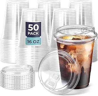 Fit Meal Prep 50 Pack 16 oz Clear Plastic Cups with Strawless Sip Lids, Disposable Plastic Coffee Cups with Lids, To Go Cups for Iced Coffee, Smoothies, Soda, Party Drinks, Bubble Tea, Cold Beverage