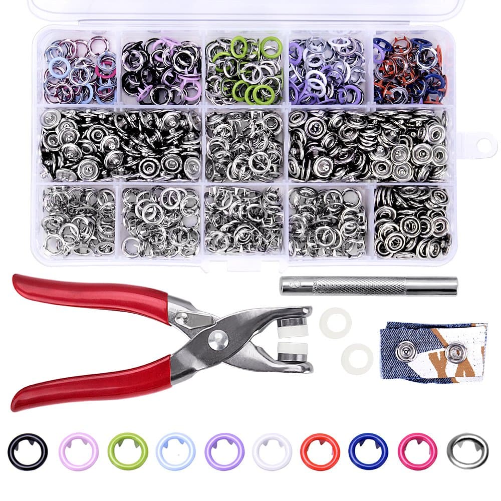 200Pcs Sets Metal Snap Fasteners Ring Press Snap Studs with Hand Pressing Pliers Tool Kit for Baby Custom Clothing or DIY Projects 9.5mm, 10 Colors