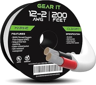 GearIT12/2 Marine Wire (200 Feet) 12AWG Gauge - Tinned OFC Copper/Marine Grade Speaker Cable/Duplex / 2 Conductors - OFC Oxygen-Free Copper, White 200ft
