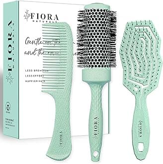 Fiora Naturals Hair Brush Set - Detangler, Round Brush, and Comb for Women - Bio-friendly Brushes for All Hair Types including Natural, Fine & Curly - Ideal for Detangling and Blow Drying