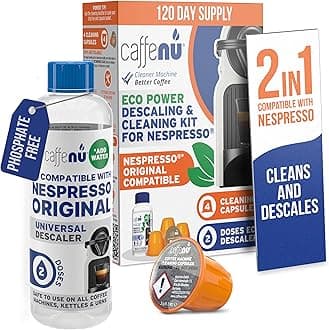 Nespresso Compatible Descaling Kit & Cleaning Pods. 2 Use Descaling Solution & 4 Cleaner Pods. Removes Limescale & Cleans Pod Area. Better Tasting, Hotter Coffee. Nespresso Originaline.