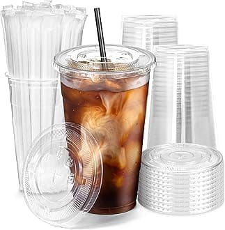 100 Pack 24 oz Plastic Iced Coffee Cups with Flat Lids and Black Straws, Disposable Clear Cup, BPA Free Cup for Party, Smoothie, Cold Drinks, Juice, Milkshake, Bubble Boba, Tea