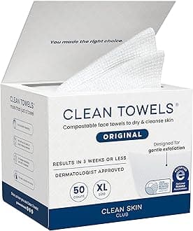 Clean Skin Club Clean Towels XL®, 100% USDA Biobased Face Towel, Disposable Face Towelette, Eczema Association Accepted, Makeup Remover Dry Wipes, Ultra Soft, 1 Pack, 50 Ct