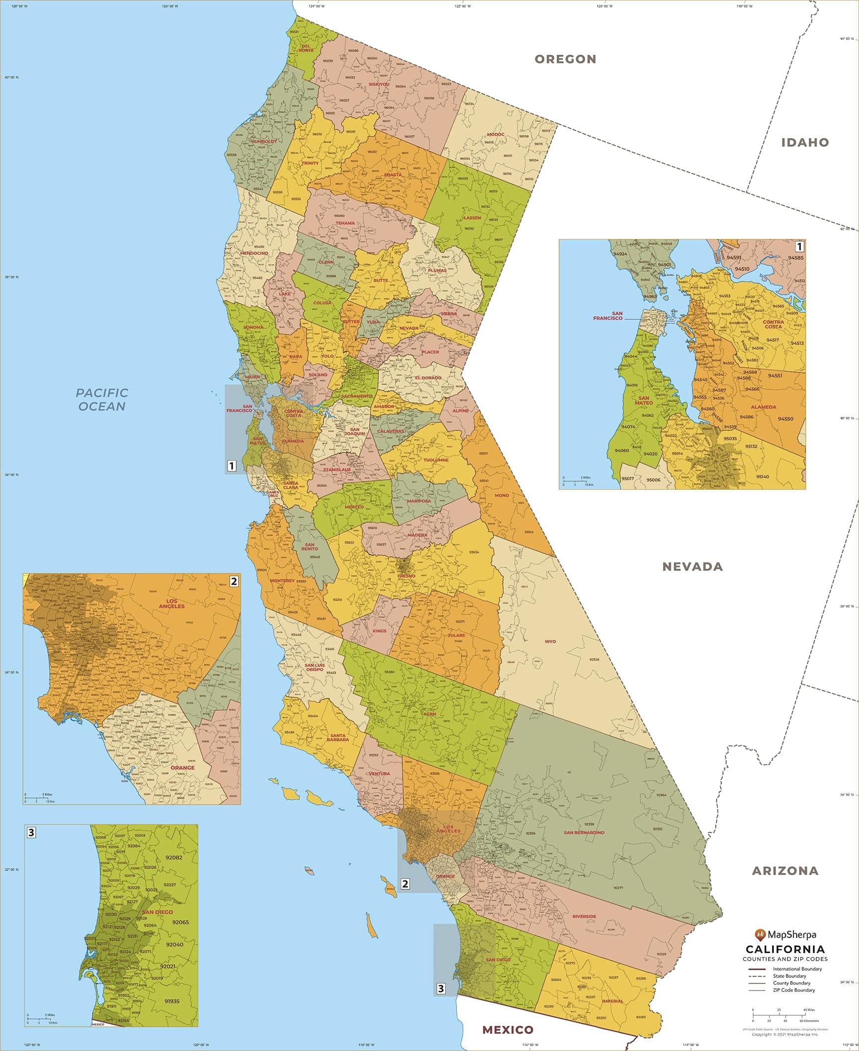 California ZIP Code Map with Counties - Standard - 36" x 44.25" Paper