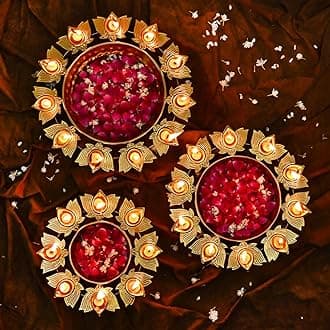 DecorTwist Lotus Diya Urli Bowl (1.1" x 1.5" x 1.7" Height) | Set of 3 Metal Decorative Handcrafted Bowl for Floating Flowers with Tea Light Candle Holders Home, Office, Diwali Decoration Items (Gold)