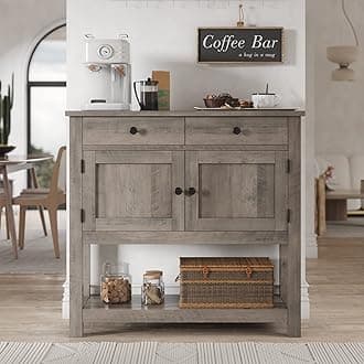 HOSTACK Farmhouse Console Table with 2-Door Cabinet & 2 Drawers, Coffee Bar, Entryway Table with Storage Shelf, Sofa Tables Buffet Sideboard for Kitchen, Hallway, Dining, Living Room, Ash Gray