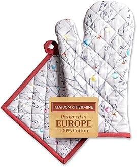 Maison d' Hermine Oven Mitts + Pot Holders 100% Cotton Heat Resistant Oven Mitt (19cm x 33cm) & Pot Holder (20cm x 20cm) Cooking Grilling, Fairy Christmas -Thanksgiving/Christmas