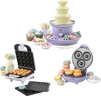 Giles & Posner COMBO-8145 Pastel Treat Set - Snack Maker Set With 3-in-1 Mini Treat Maker, Electric 3-Tier Chocolate Fountain & Doughnut Maker, Non-Stick Plates, Partys Treats, Easy Clean, Purple