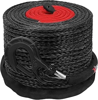 XPV 3/8" x 100ft Synthetic Winch Rope 23,800lbs Dyneema Winch Line Cable Rope with Hook Black for Truck 4WD Off Road Vehicle Winch Accessory