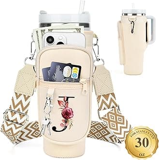 LOKASS Water Bottle Holder with Strap for Stanley Cup 30 oz Tumbler, Personalized Initial Stanley Cup Accessories 30oz, Stanley Cup Carrier Bag for Walking, Valentine’s Day Gifts for Women, Men, Girls