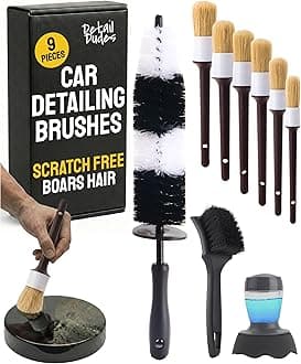 Boar Hair Detailing Brush Set - 9-Pack - Includes Wheel, Tire Brush & Tire Dressing Applicator - Soft Boar Hair Bristles - Scratch-Free Car Wash - Crevice Tools for Vents & Emblems