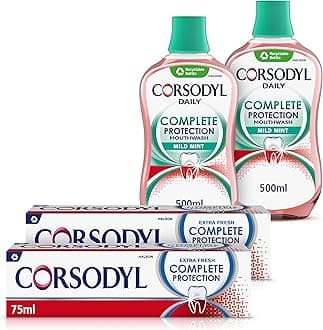 Corsodyl Gum Care Toothpaste and Mouthwash Multipack, Bundle (2 x Corsodyl Complete Protection Extra Fresh Mouthwash 500 ml, 2 x Complete Protection Extra Fresh Toothpaste 75 ml)