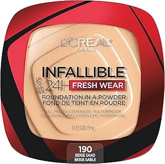 Makeup Infallible Fresh Wear Foundation in a Powder, Up to 24H Wear, Waterproof, Beige Sand, 0.31 oz. (Packaging May Vary)
