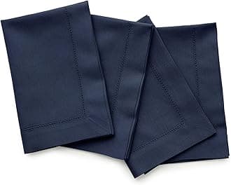 Solino Home Navy Blue Napkins Set of 4 - Cotton Linen Hemstitch Dinner Napkins Cloth 20 x 20 Inch for Winter, Spring, Easter, Mothers Day - Handcrafted and Machine Washable