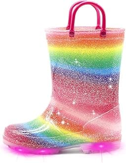 Toddler Kids Waterproof Light Up Rain Boots Patterns and Glitter Boots with Handles for Boys Girls
