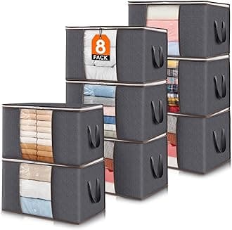 Lifewit 8-pack clothes storage bag, storage bins for clothes, blankets, comforters, foldable clothing storage with reinforced handle, sturdy zipper, closet organizer with clear window, 60l, grey