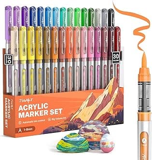 JusArt Acrylic Marker Pens, 30 Color Set, Water-based, Sparkling, Broad, Acrylic Paints, Large Capacity, Illustration, For Writing Fabrics, Glass, Plar, Stone, Wood, Pottery, Metal.