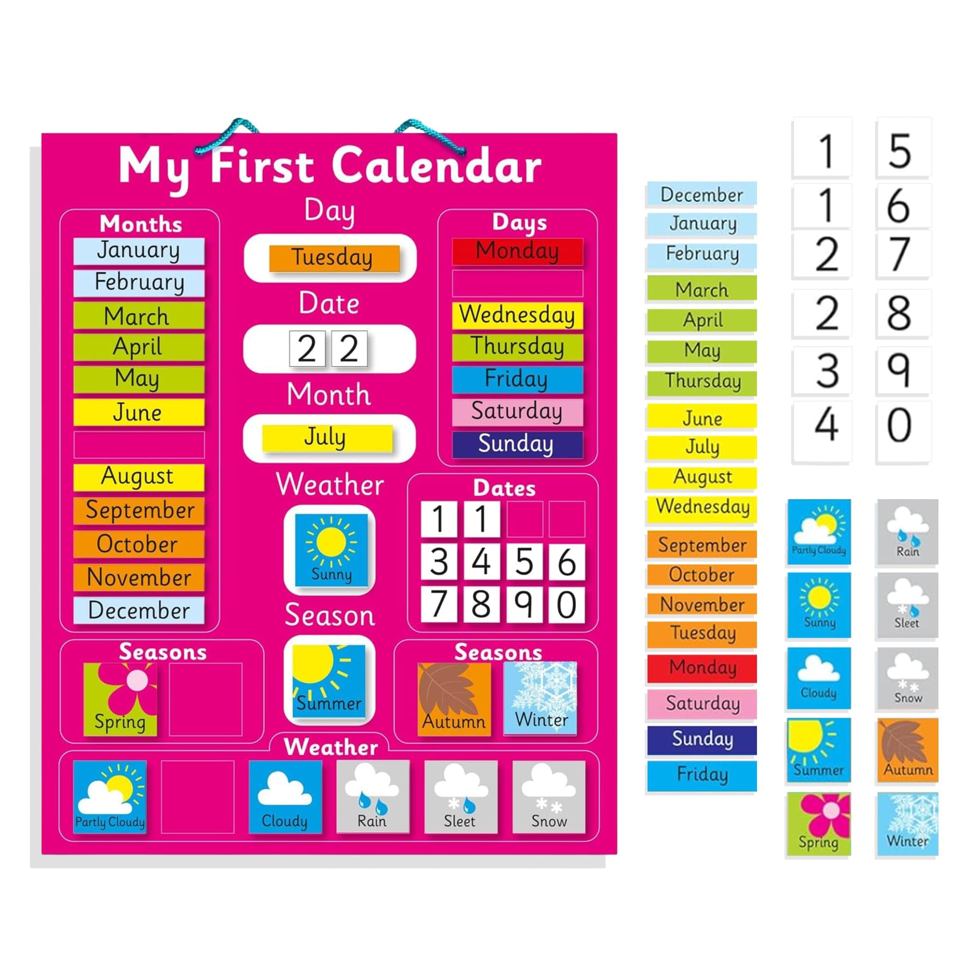 Interactive Children's Magnetic Learning Calendar - Pink - Fun Educational Tool for Time, Seasons, and Weather Awareness - 40x32cm with Easy Hang Loop