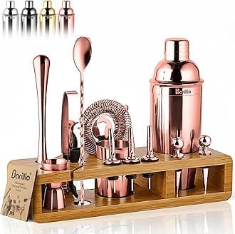 barillio Copper 23-Piece Bartender Kit Cocktail Shaker Set : Stainless Steel Rose Gold Bar Tools With Sleek Bamboo Stand, Velvet Carry Bag & Recipes Booklet