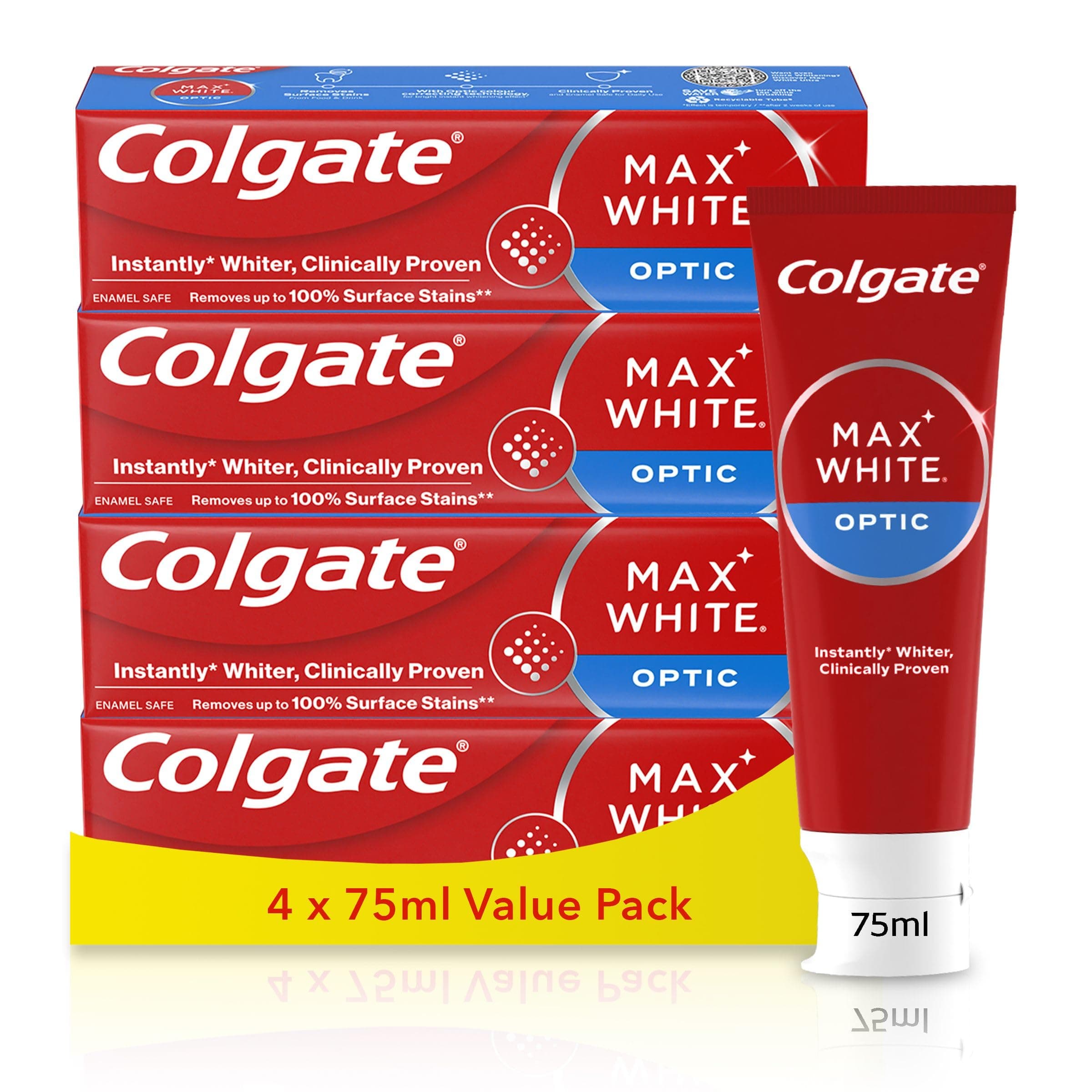 Max White Optic Toothpaste 4X75ml - Teeth Whitening Toothpaste - Clinically Proven Formula - Removes up to 100% of Surface Stains - Optic Brighteners Instantly Whiten Teeth